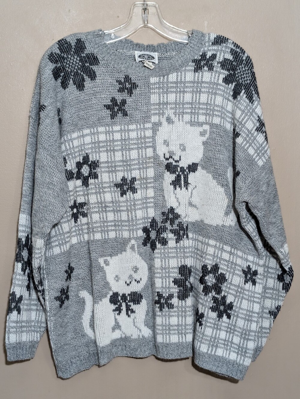 VINTAGE 1990 ADELE KNITWEAR Cats & Floral Print Sweater Sz 20W